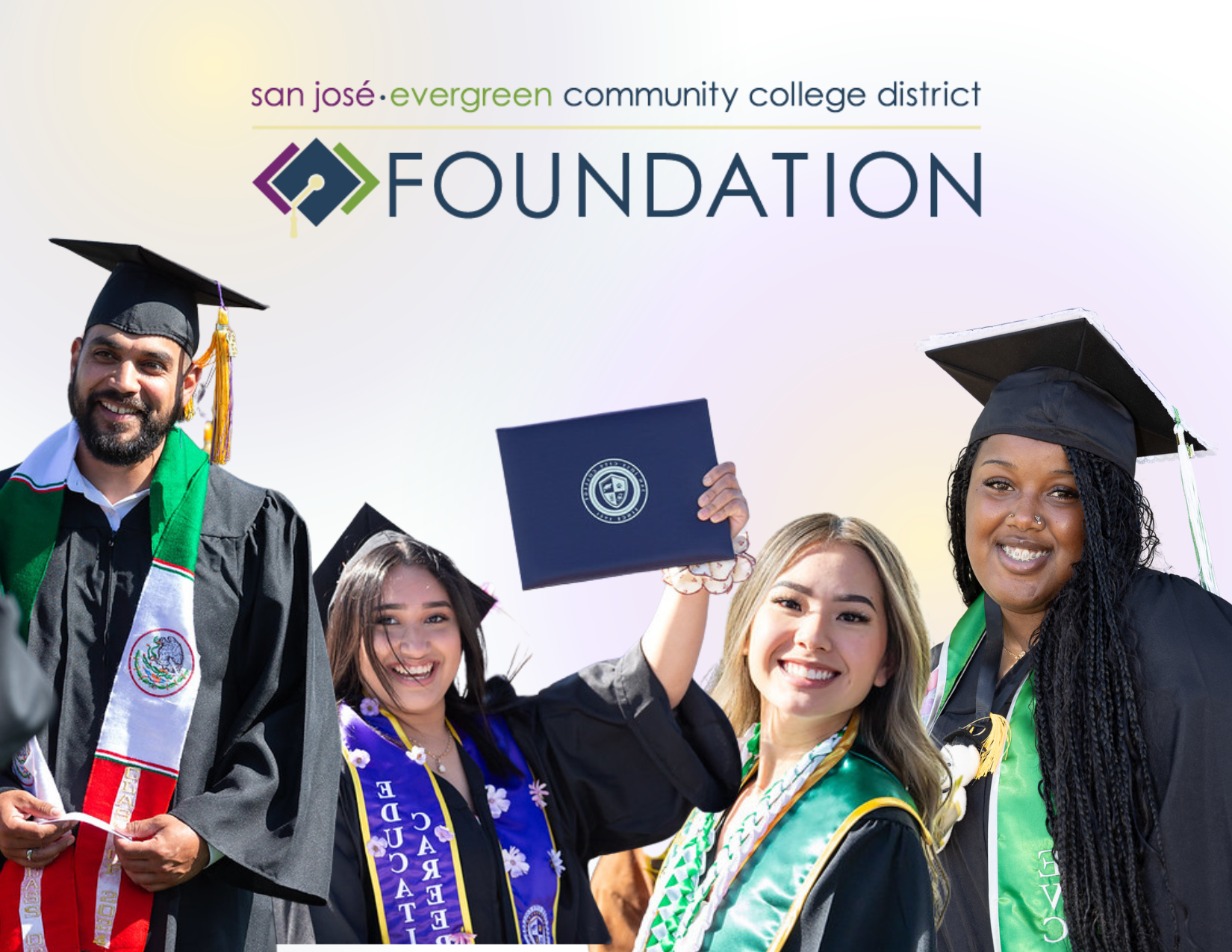 4 students in graduation gowns smiling with Foundation above image