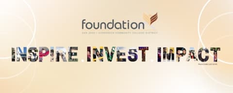 Foundation Inspire Invest Impact beige banner with various images within the blocks of letters