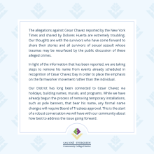 SJECCD Message on recent event regarding Cesar Chavez on logo background